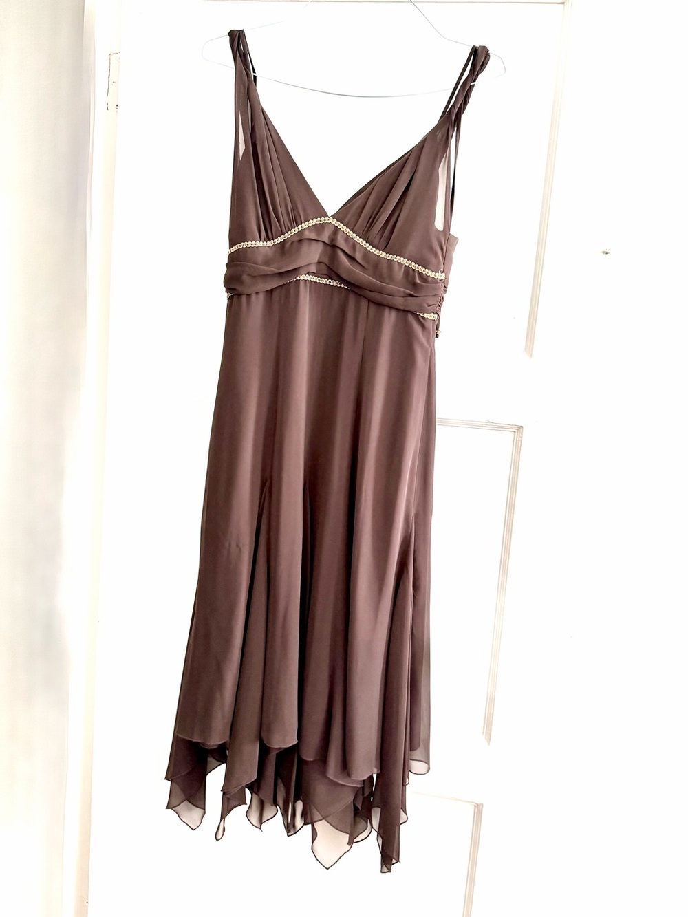 Allen B. By Allen Schwartz Brown V-Neck Handkerchief Hem Dress with Beaded Trim